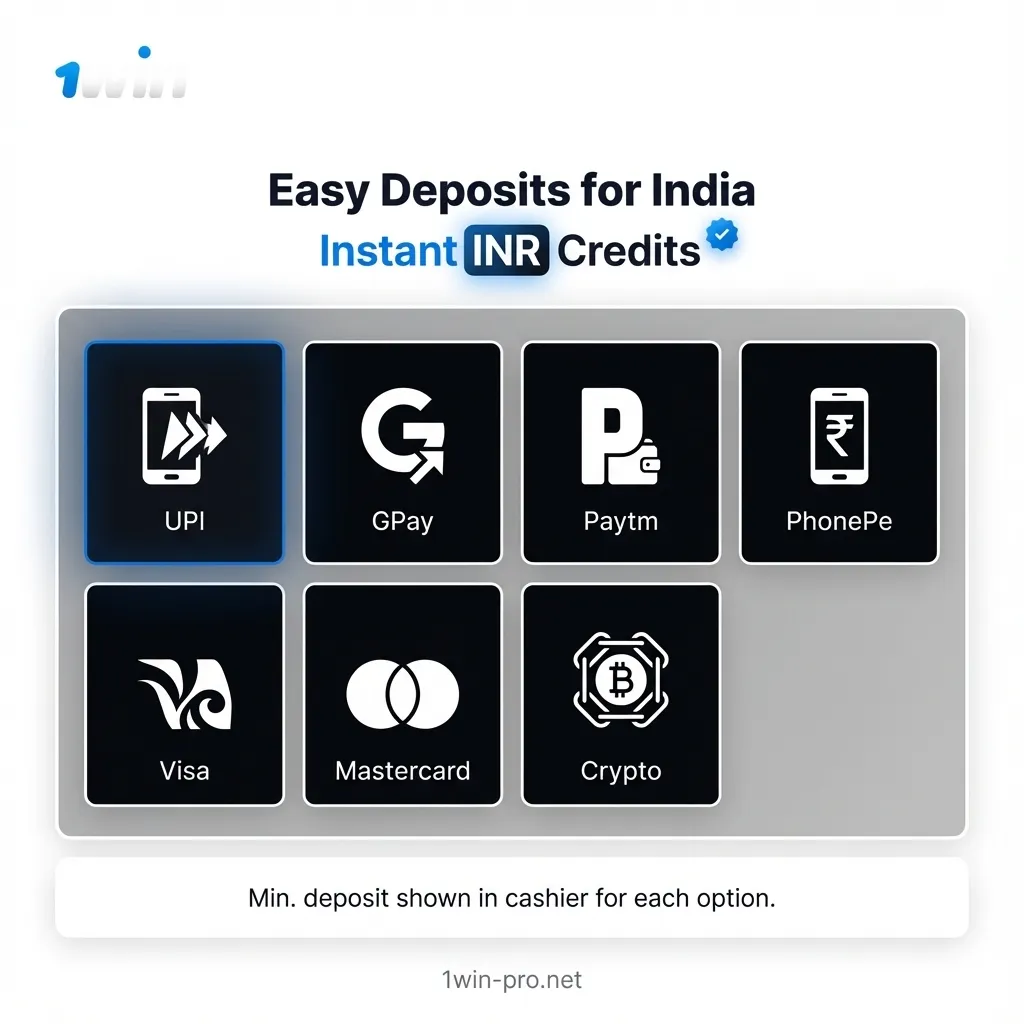1Win deposit methods in India - UPI, Paytm, cards, and crypto options