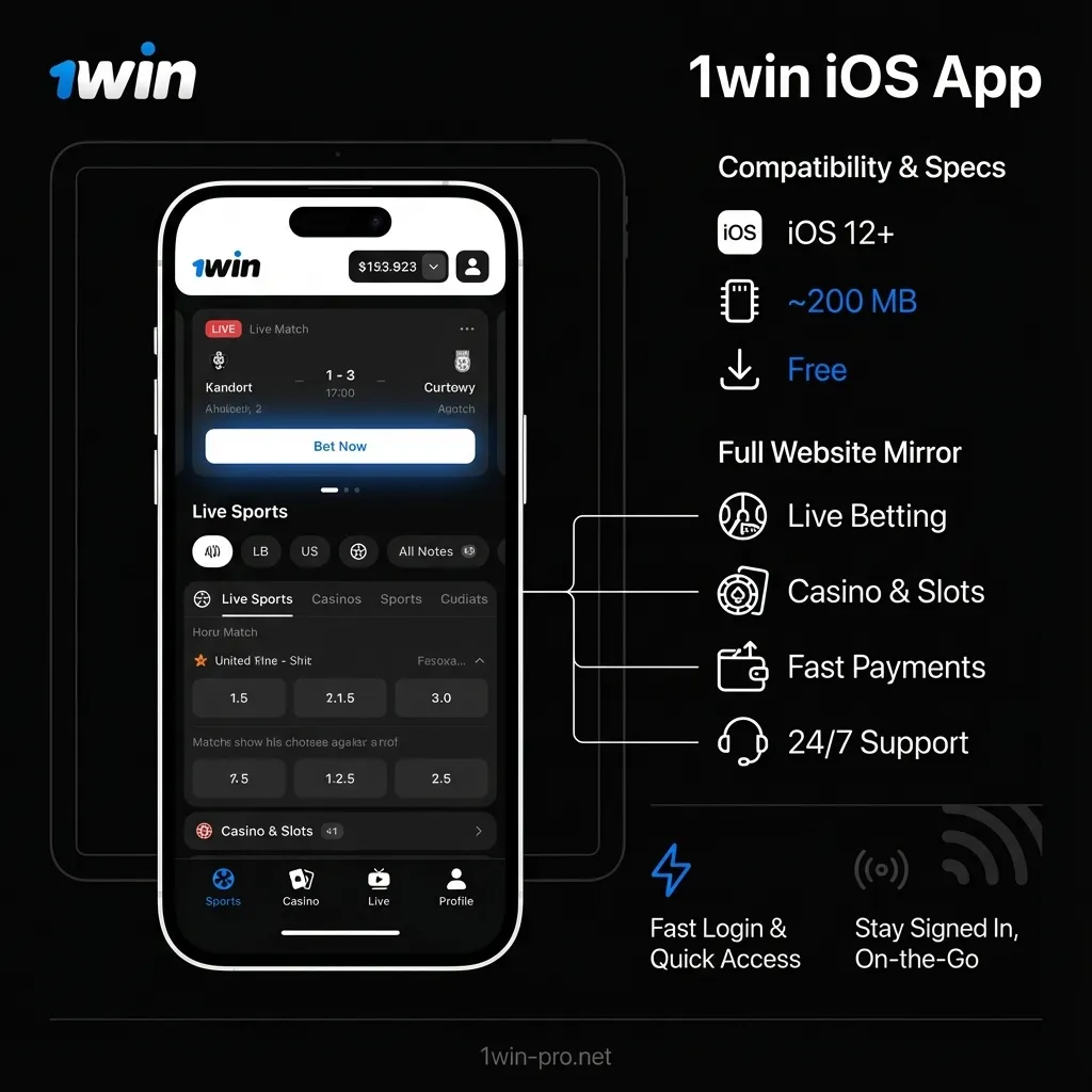 1Win iOS application overview with live betting, casino games, and 24/7 support
