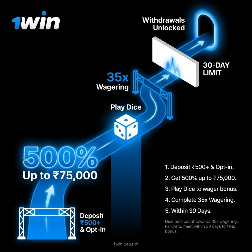 Dice welcome bonus for players from India on 1win - 500% up to ₹75,000