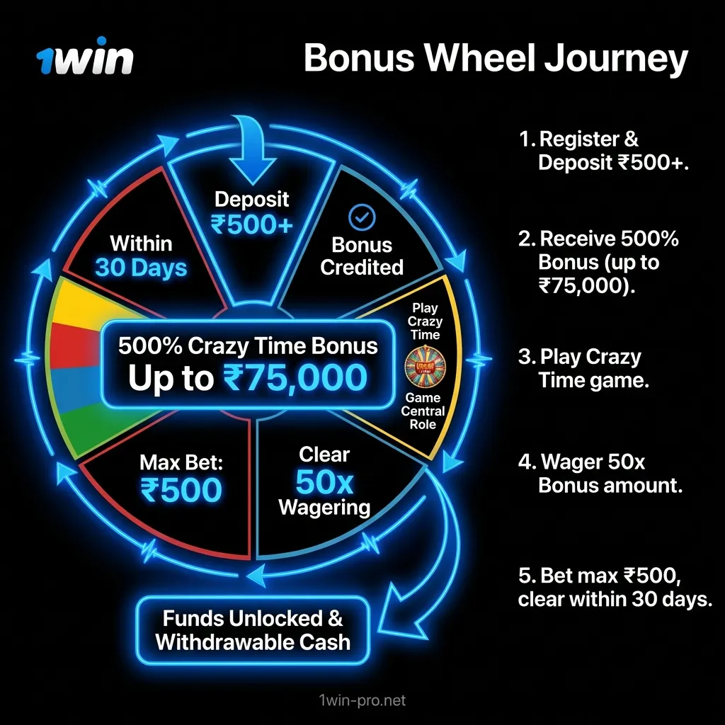 How to claim the 500% match bonus for Crazy Time live game on 1win