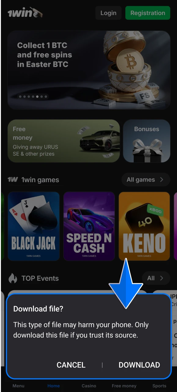 Accept the browser confirmation prompt to allow the 1win installation file to save successfully.