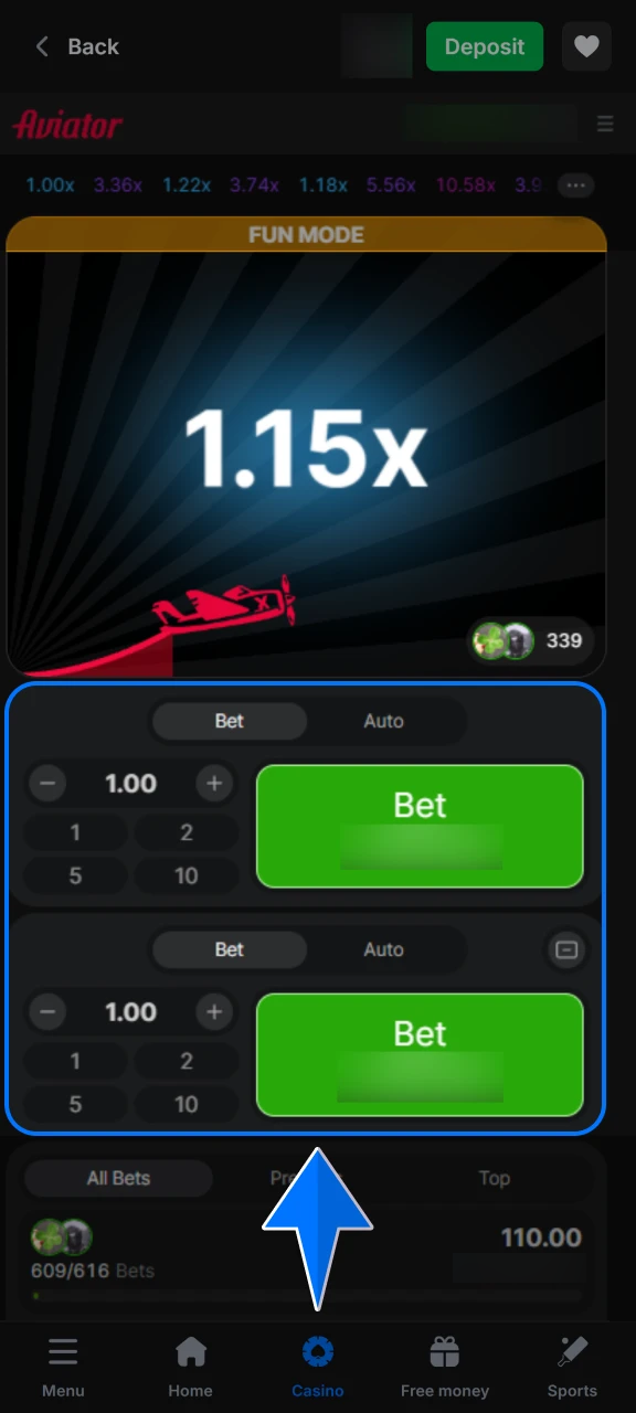 Choose your stake amount and click the bet button to start watching the multiplier rise before the plane flies away.