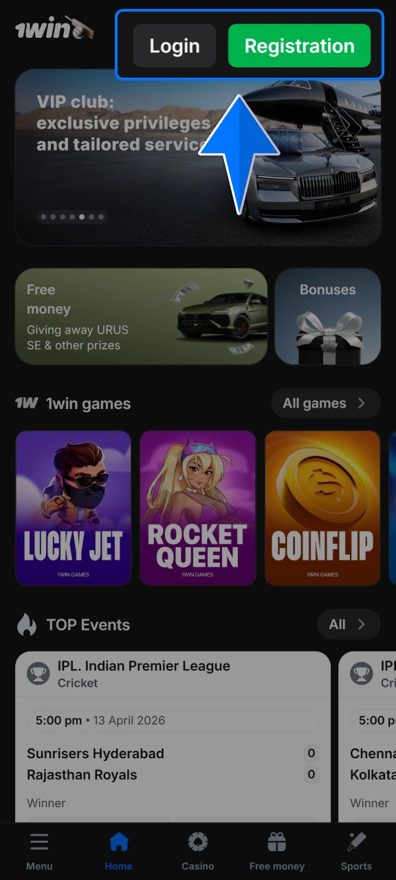 Access your existing profile or complete a quick registration to start using the 1win app.