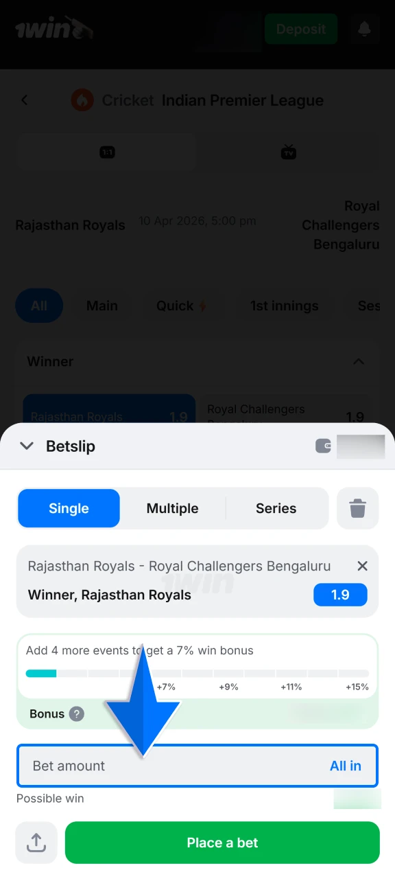Specify the amount you wish to wager in your bet slip to calculate your potential winnings.