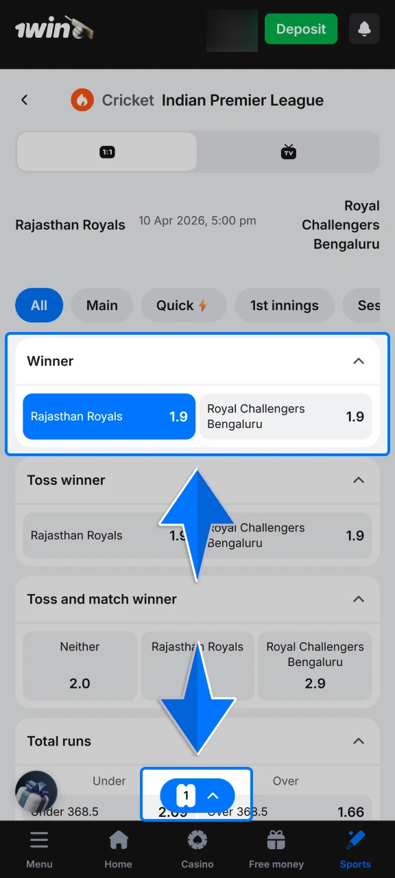 Pick your preferred betting outcome from the wide range of markets offered on 1win.