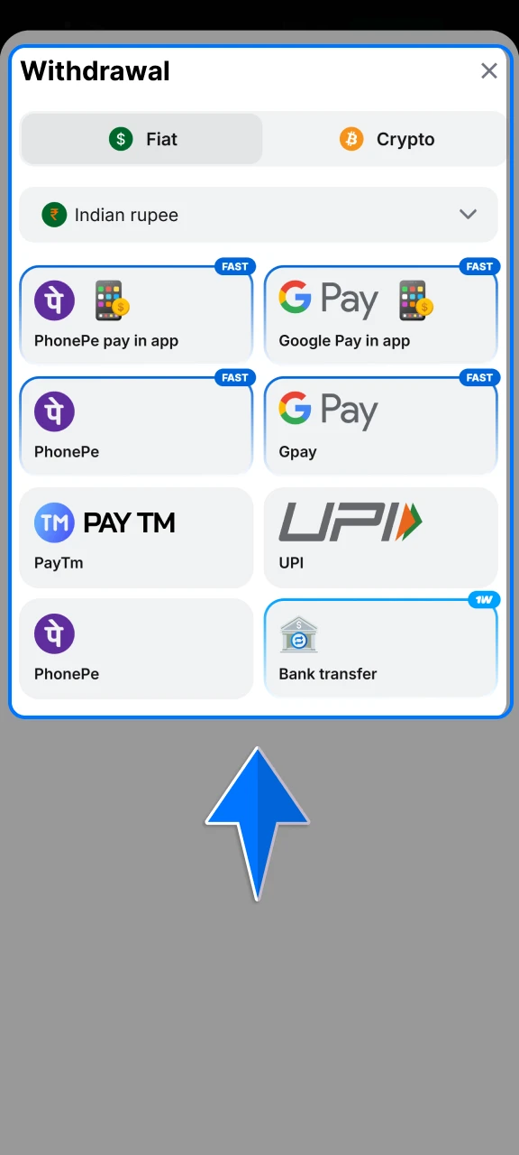 Choose your preferred local Indian payment system, such as IMPS or UPI, to receive your funds from 1win.